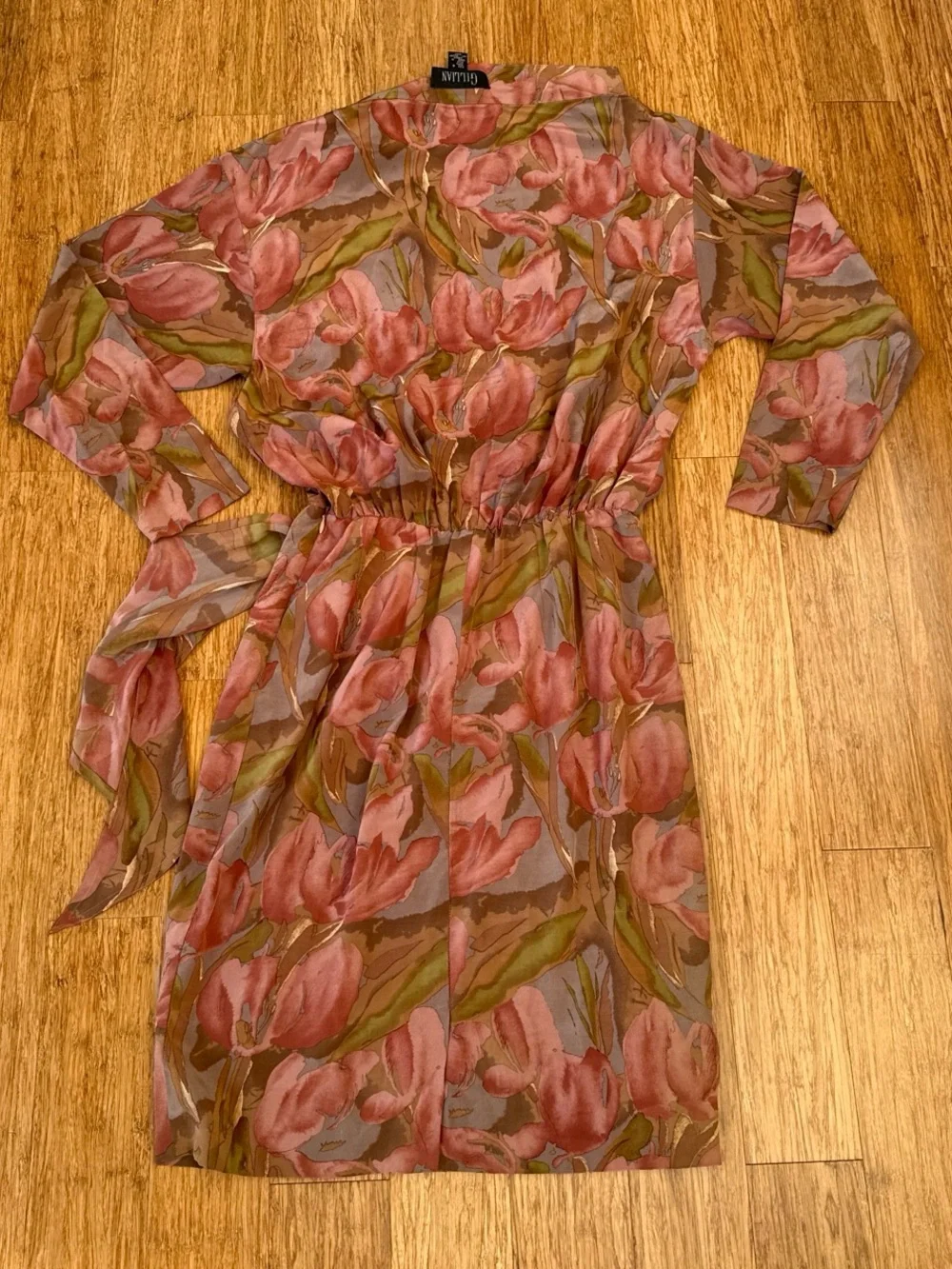 Vintage watercolor  100% silk Pink and green floral print dress